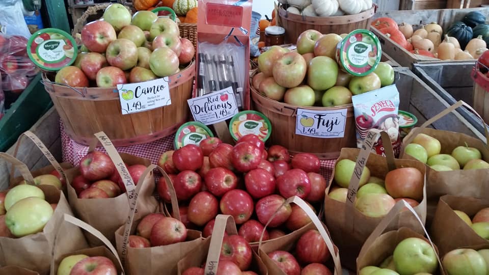 various apples in bags and baskets on a table